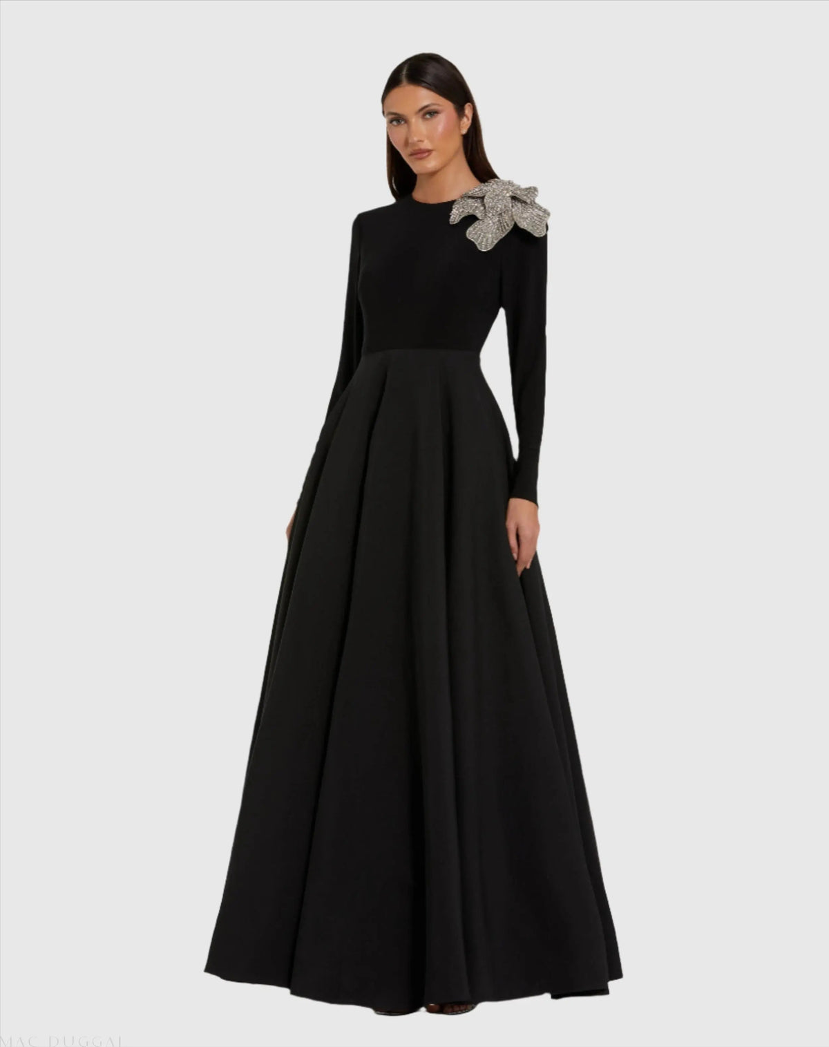 Black Long Sleeve Taffeta Ball Gown With 3D Rhinestone Flower