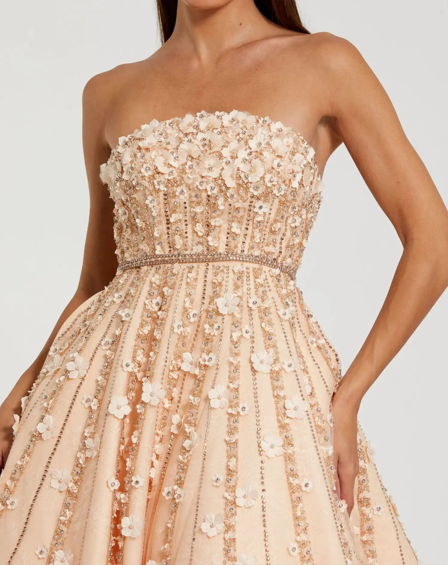 Beige Floral Embellished Strapless A-Line Midi Dress