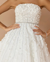 White Floral Embellished Strapless A-Line Midi Dress