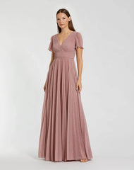 Pink Pleated Metallic Flutter Sleeve A Line Gown