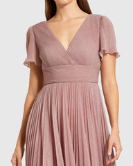 Pink Pleated Metallic Flutter Sleeve A Line Gown