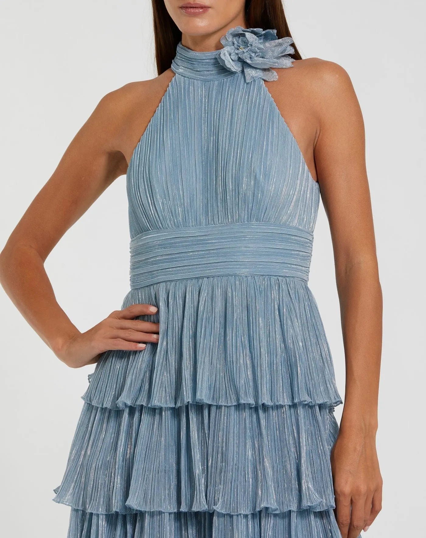 Blue Metallic Halter Neck Ruffle Gown With 3D Flower
