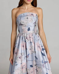 Blue Floral Brocade Strapless Ball Gown