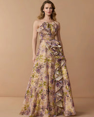 Pink Strapless Floral Ball Gown With Ruffle Detail