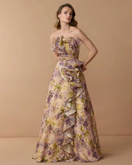 Pink Strapless Floral Ball Gown With Ruffle Detail