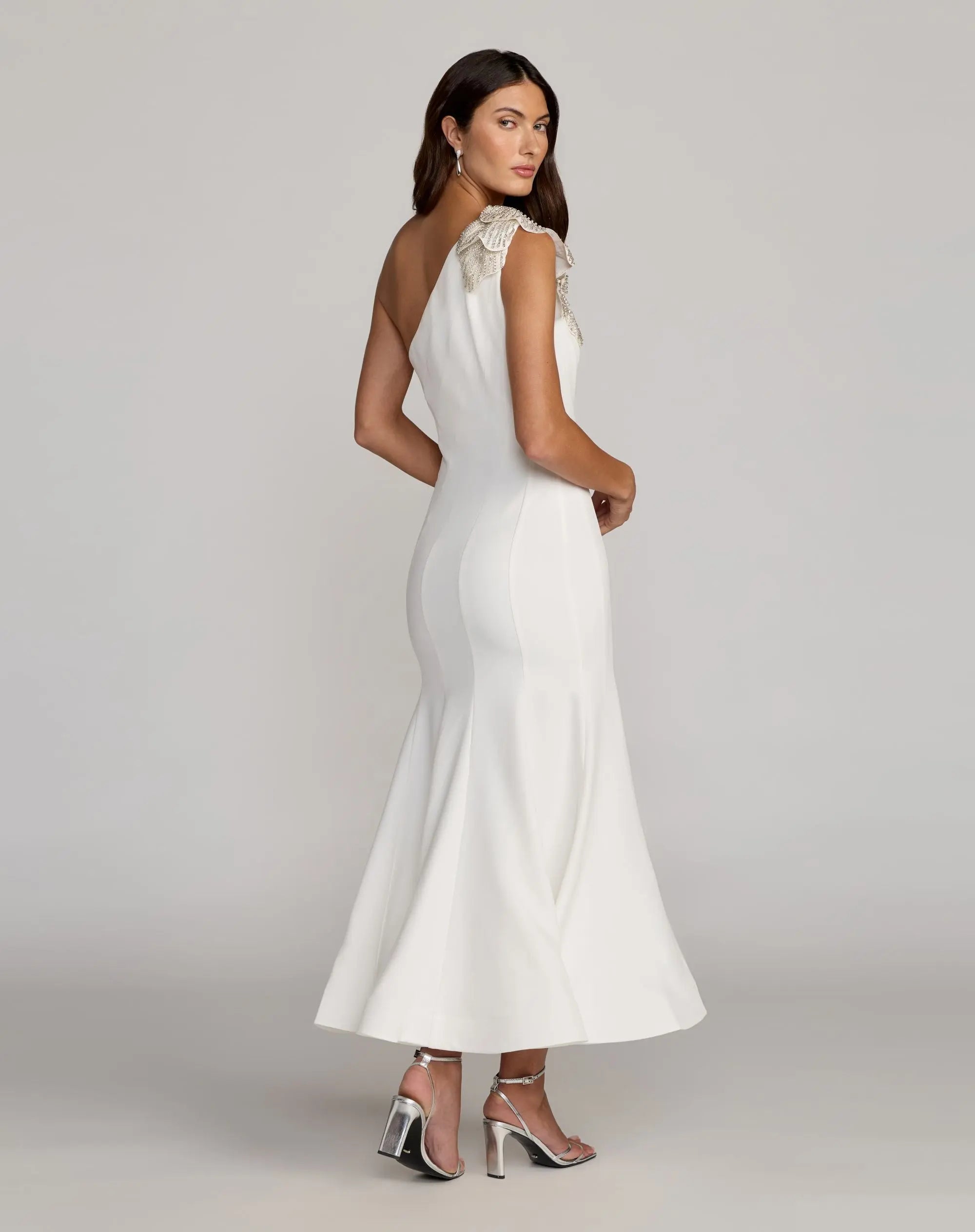 White Crepe One Shoulder Midi Dress with Flower