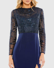 Navy Embellished High Neck Bodice Faux Wrap Gown - FINAL SALE