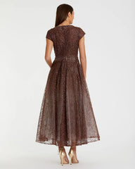 Brown Embellished Cap Sleeve A Line Dress
