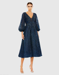 Navy Embellished Plunge Neck Bishop Sleeve Dress