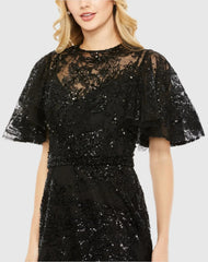 Black Embellished Flutter Sleeve High Neck Gown - FINAL SALE