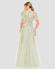 Green Embroidered Tulle Flutter Sleeve A-line Gown