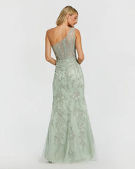 Green One Shoulder Hand Embellished Evening Gown