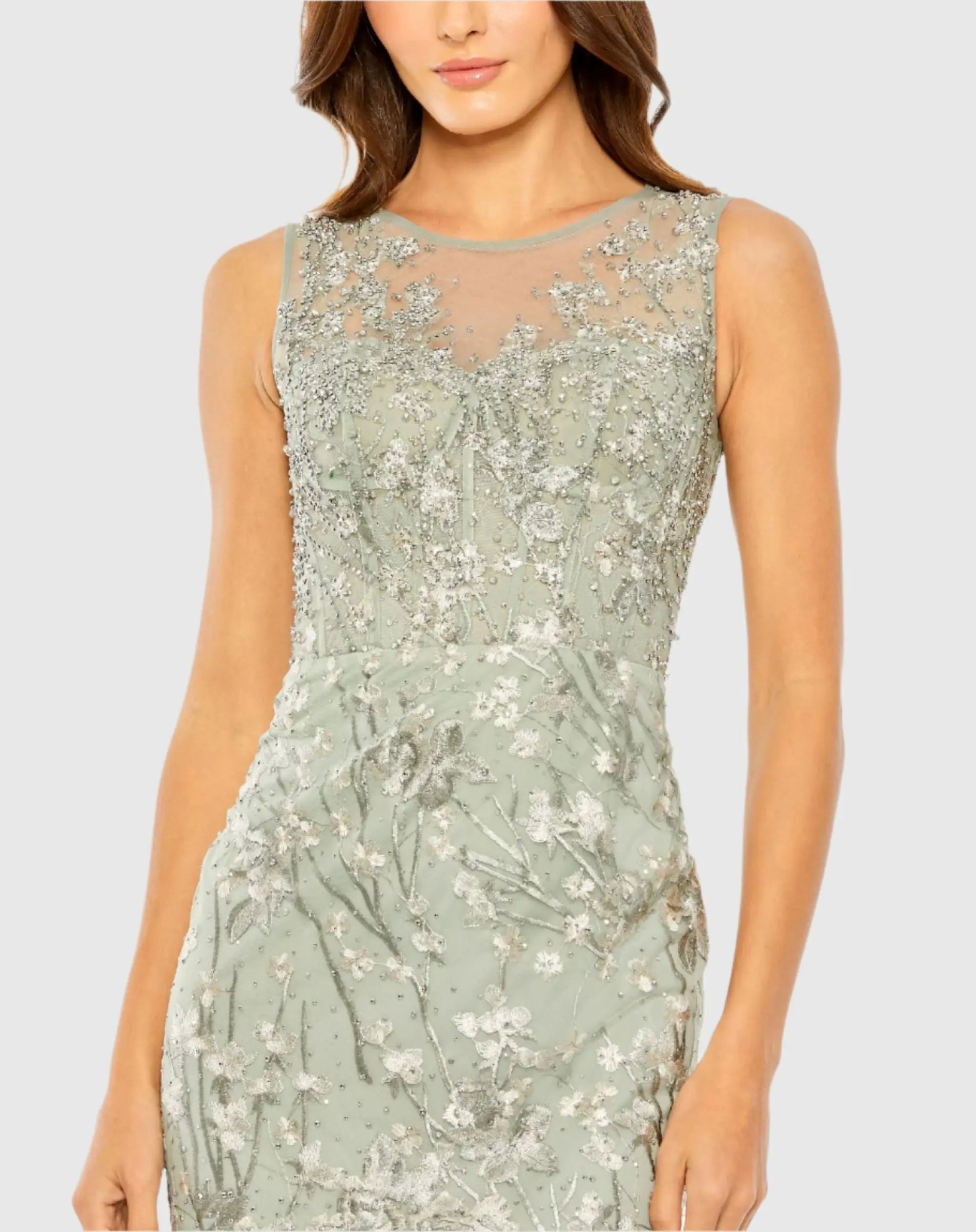 Green Sleeveless Embroidered Trumpet Midi Dress