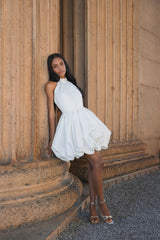 White Satin Bubble Hem Backless Mini Dress
