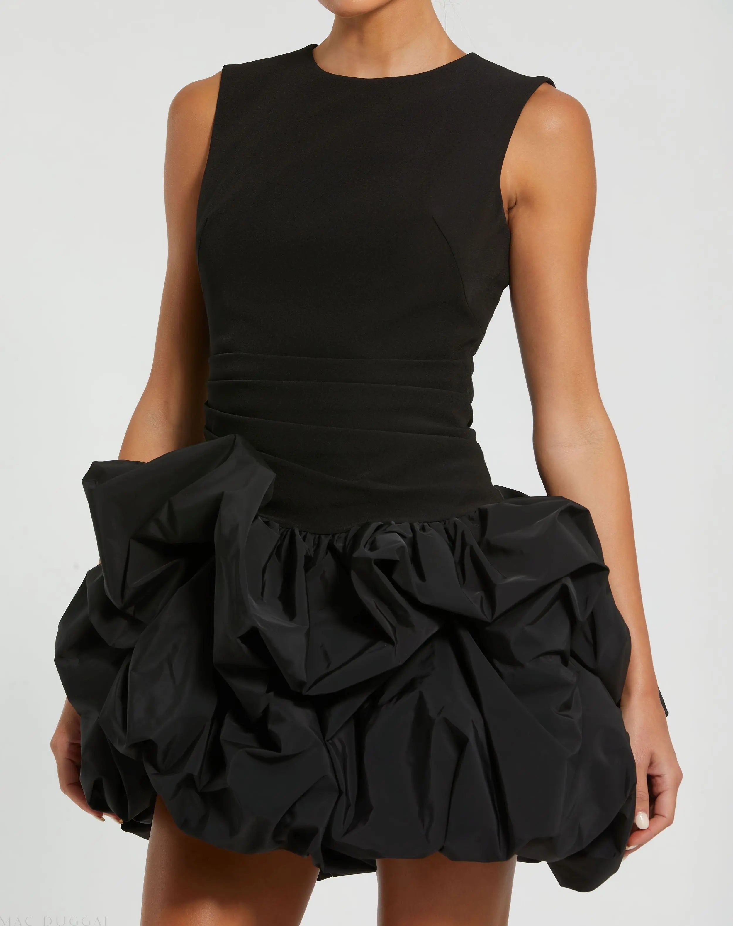 Black Sleeveless Crepe Bubble Skirt Mini Dress