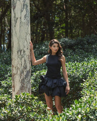 Black Sleeveless Crepe Bubble Skirt Mini Dress