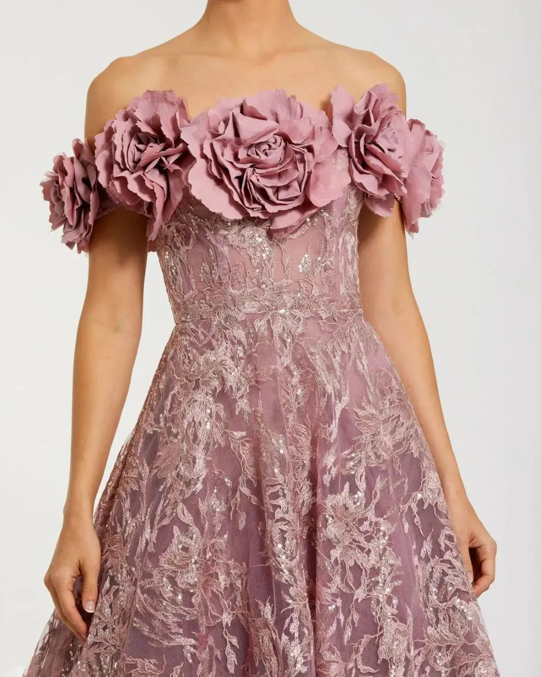 Purple Off The Shoulder 3D Floral Embroidered A-Line Gown