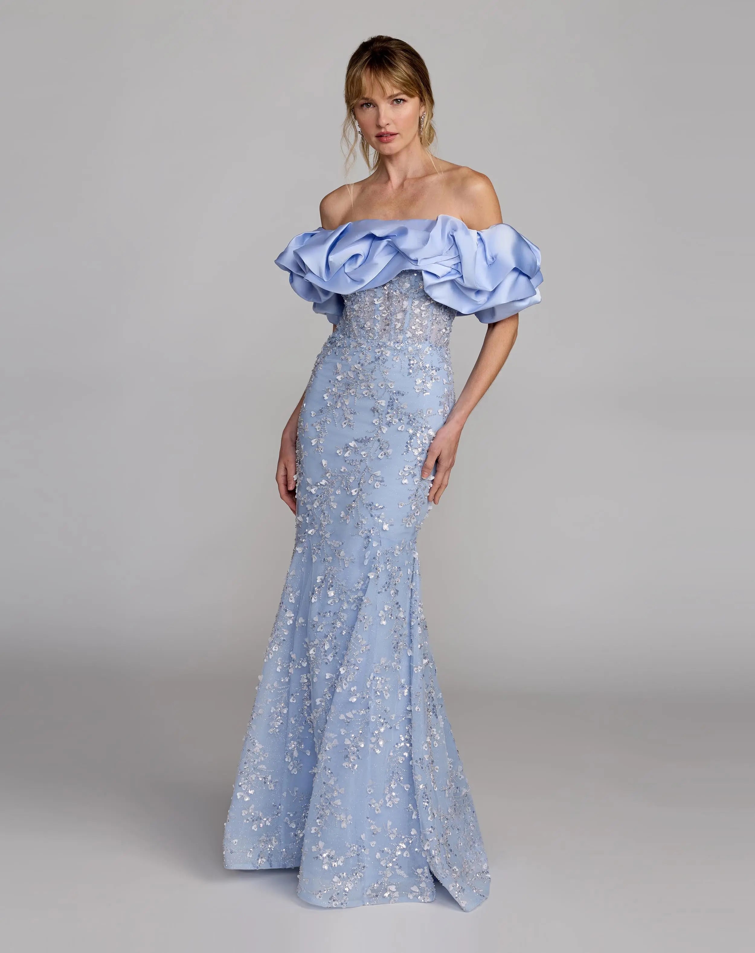 Blue Embellished Mermaid Gown With Off The Shoulder Ruffle