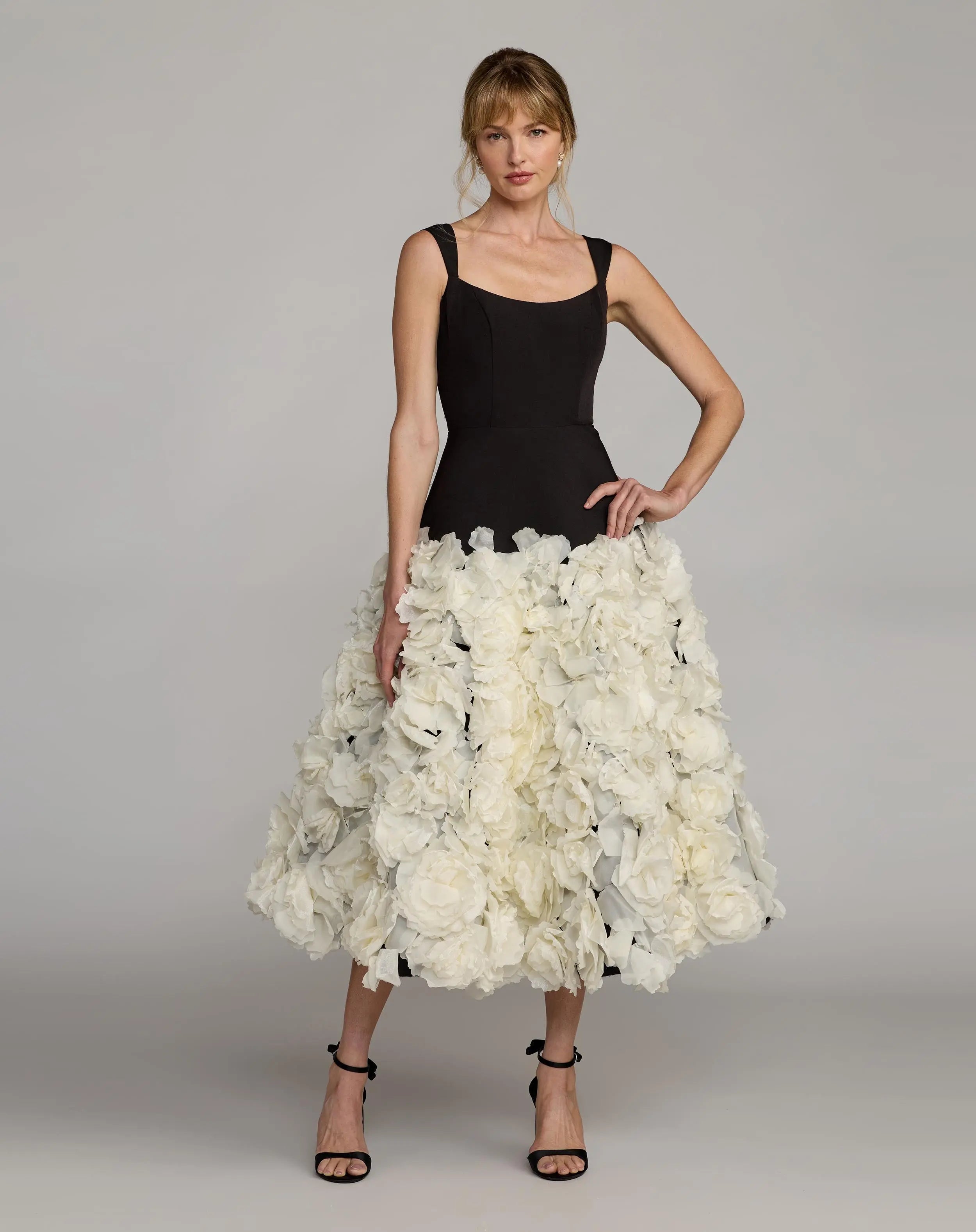 Black Sleeveless A-Line Midi Dress With 3D Floral Skirt