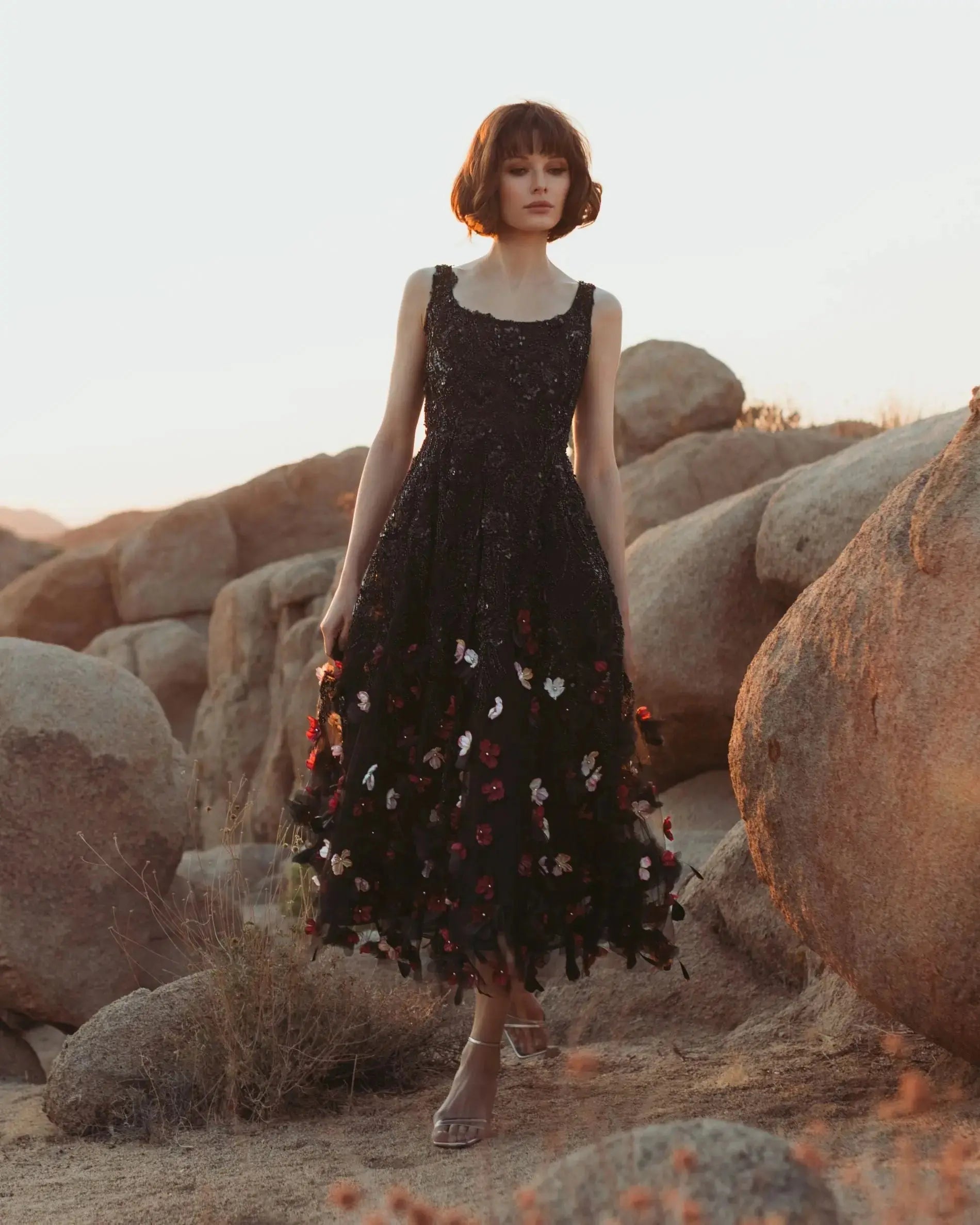 Black Sleeveless Beaded Midi Dress With 3D Flowers