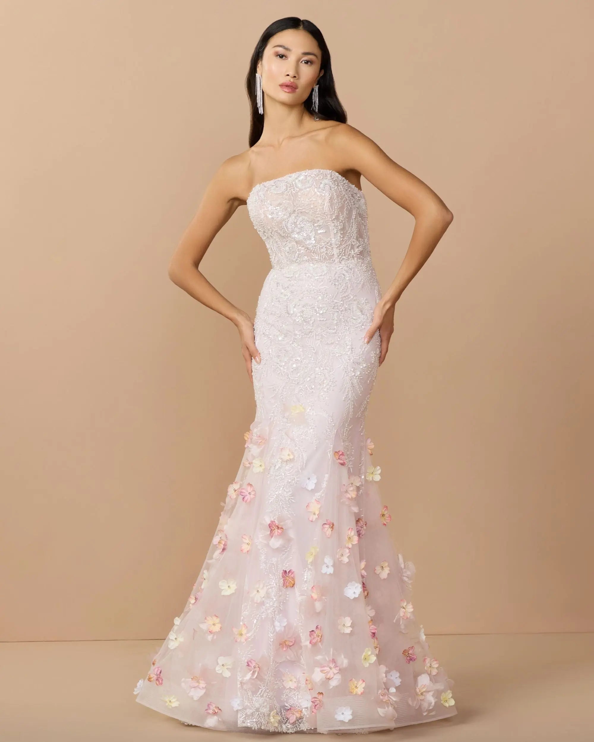 Pink Strapless Embellished Mermaid Gown With 3D Floral Hem