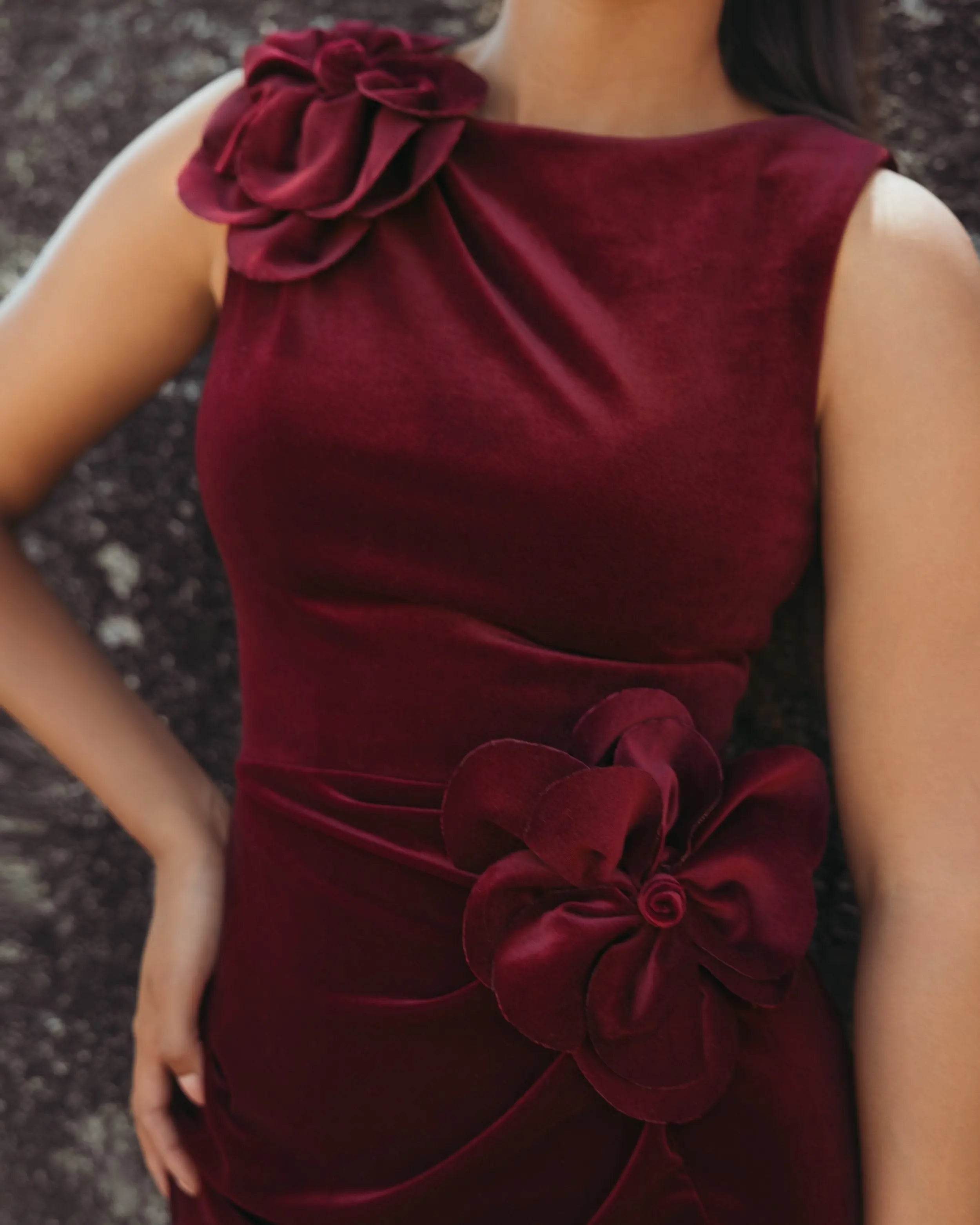 Red High Neck Velvet Column Gown With 3D Flowers