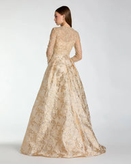 Gold Embellished Long Sleeve Brocade Ball Gown