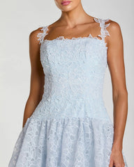 Blue Sleeveless Embroidered Lace Tiered Midi Dress