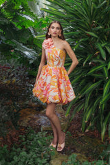 Multicolor One Shoulder Bubble Hem Faille Mini Dress