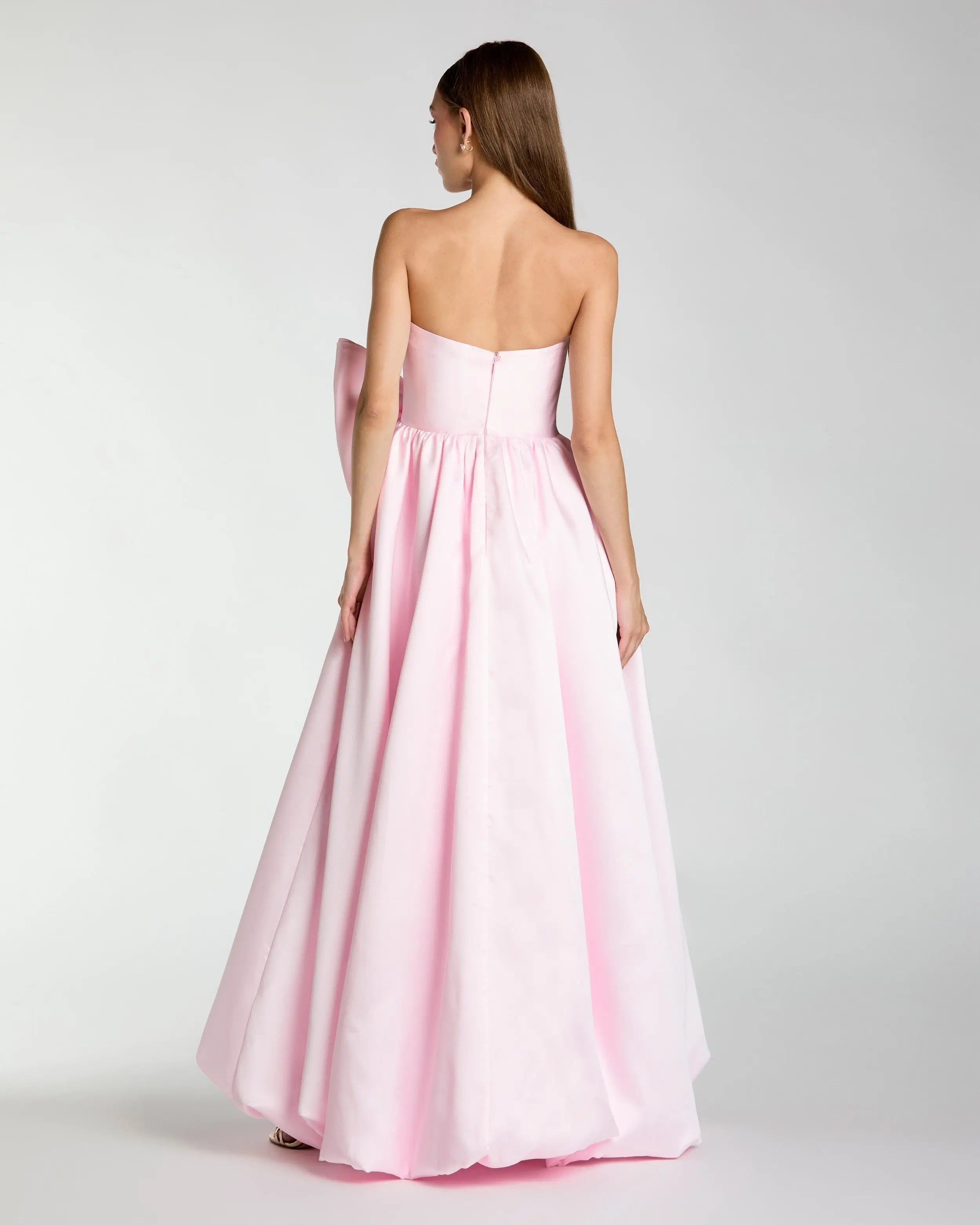 Light Pink Mikado Strapless Bubble Hem Ball Gown with Bow