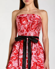 Red Strapless Brocade Midi Dress with Satin Bow