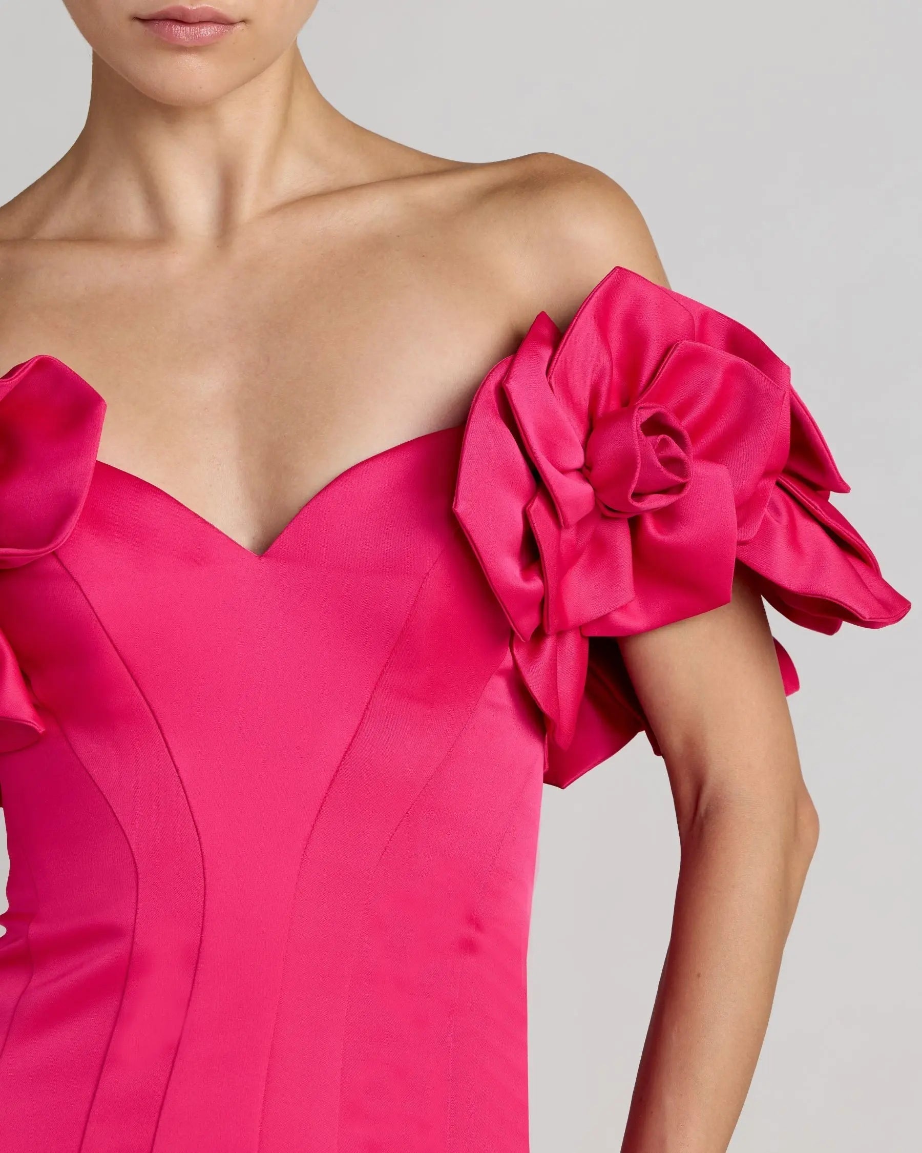 Pink Off The Shoulder Gown With 3D Floral Sleeves