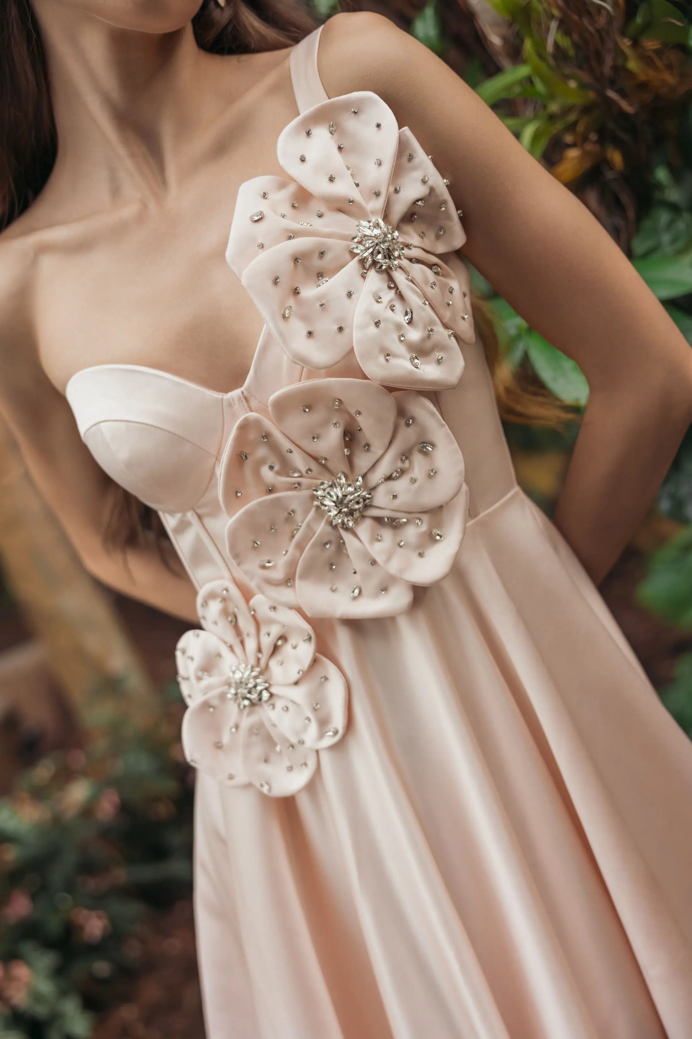 Light Pink Satin Bustier Ball Gown With 3D Flowers
