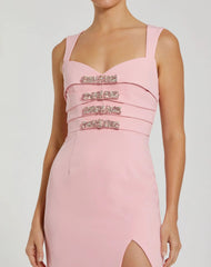 Pink Sleeveless Crepe Gown With Embellished Bows