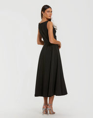 Black Crepe A Line Midi Dress with 3D Flower