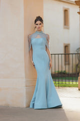 Blue Crepe Mermaid Gown With Crystal Draping