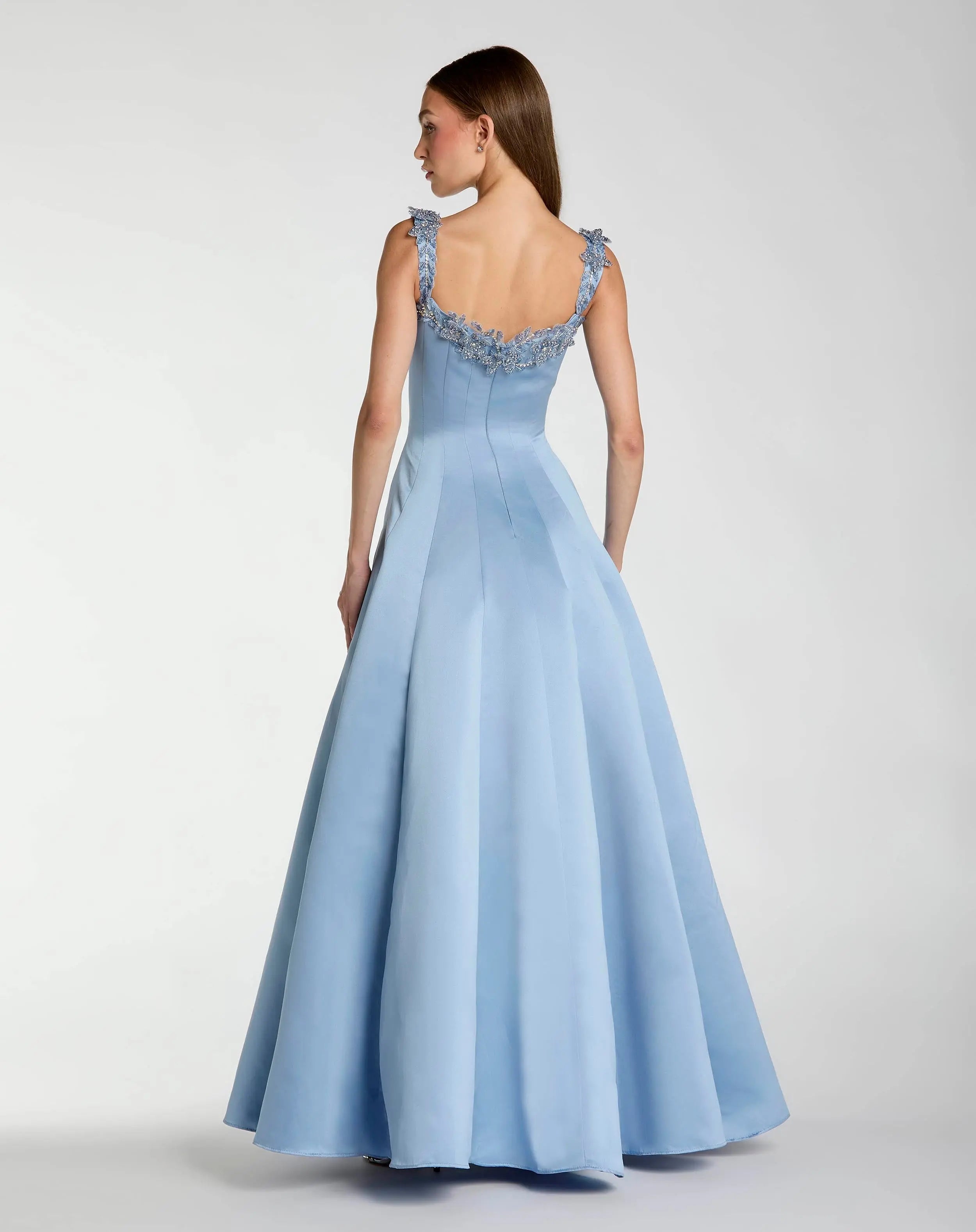 Blue Satin Ball Gown With 3D Embellished Flowers