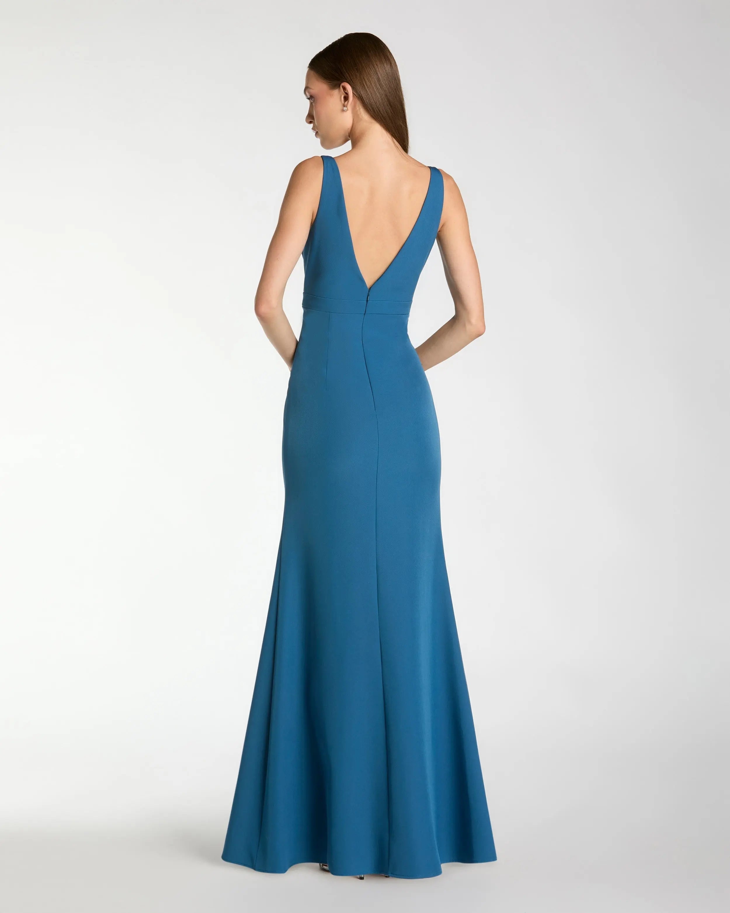 Blue Crepe Sleeveless V Neck Mermaid Gown With Bow