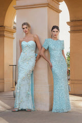 Blue Sequin Trumpet Gown with Puff Sleeves