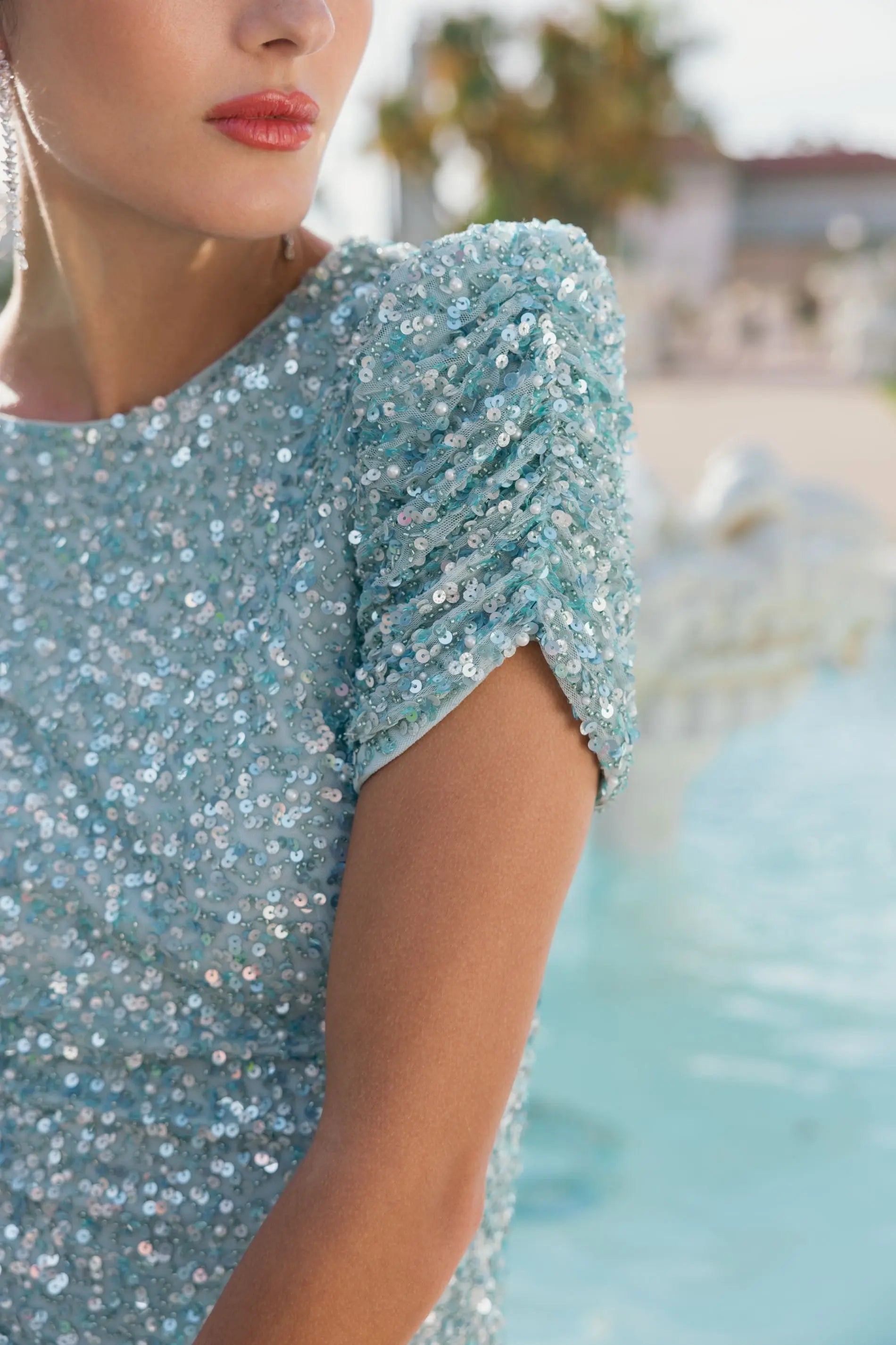 Blue Sequin Trumpet Gown with Puff Sleeves