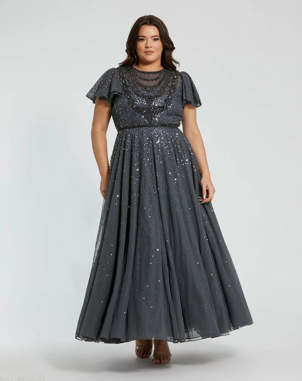 Gray Embellished Flutter Sleeve Evening Gown (Plus) - FINAL SALE