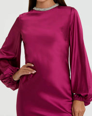 Purple Beaded High Neck Bishop Sleeve Satin Gown
