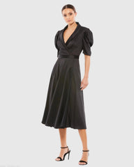 Black Satin Lapel Puff Sleeve Tea Length Dress