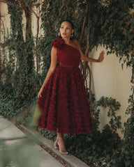 Red One Shoulder 3D Floral Rosette Midi Dress