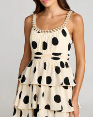 Beige Polka Dot Pearl Trim Ruffle Midi Dress