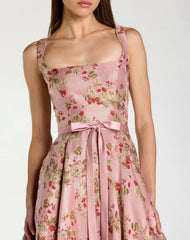 Pink Sleeveless Brocade A Line Midi Dress