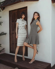 White Fitted Boucle Short Sleeve Button Up Midi Dress