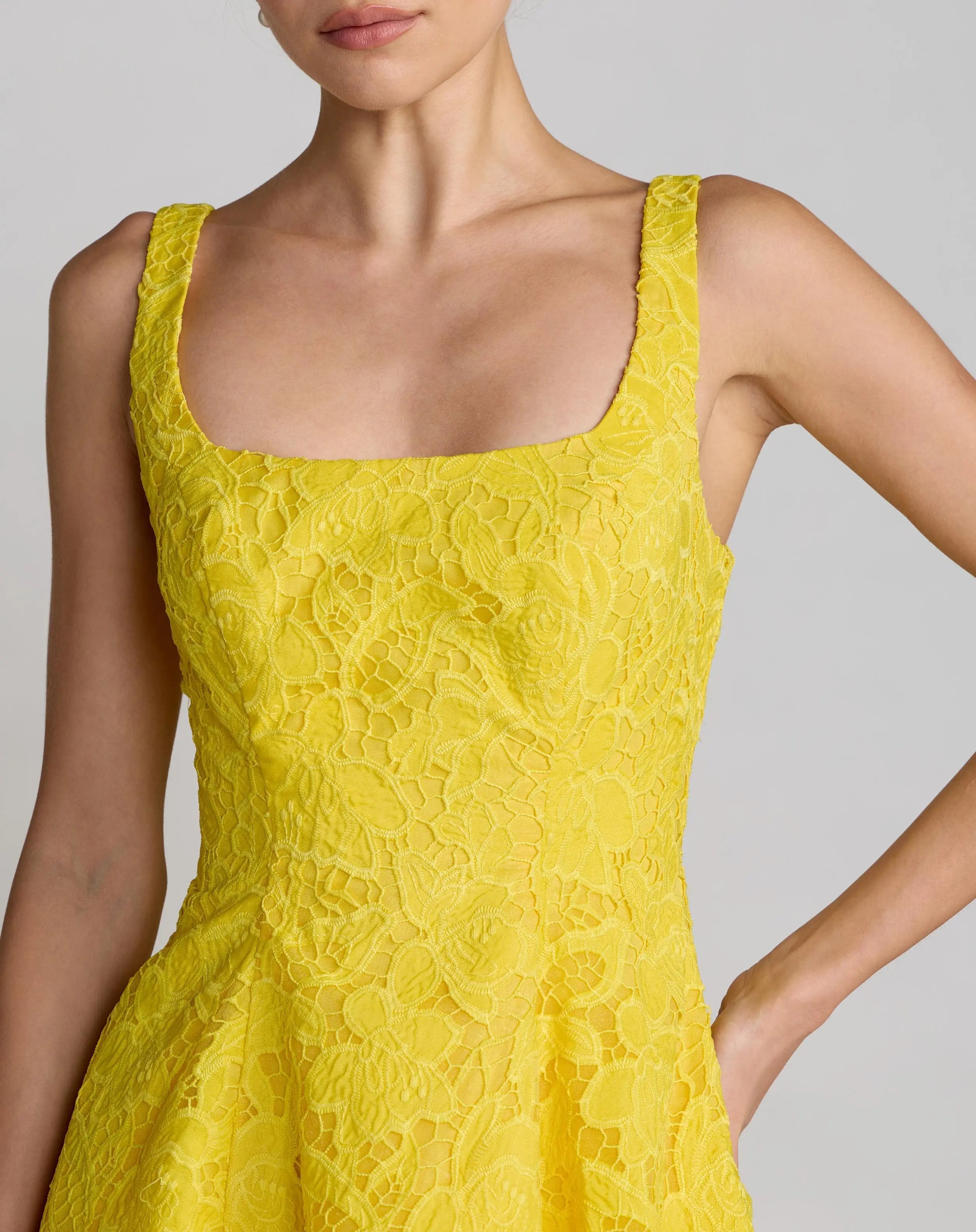 Yellow Lace Square Neck A-Line Midi Dress