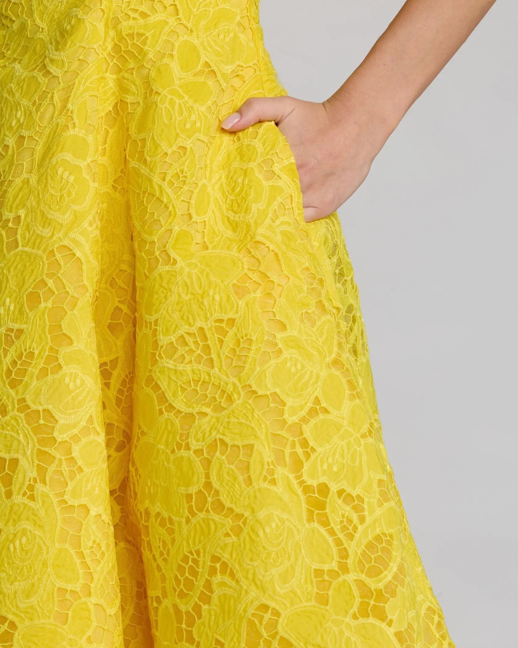 Yellow Lace Square Neck A-Line Midi Dress