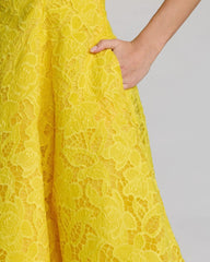 Yellow Lace Square Neck A-Line Midi Dress